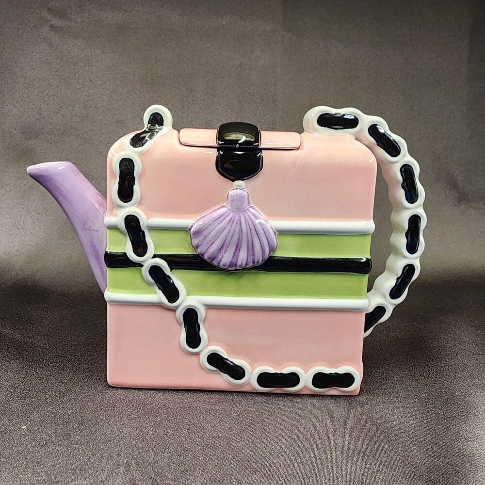 Collectible PINK Handbag/Purse TEAPOT w/ Striped Lid Accents  A Special Place